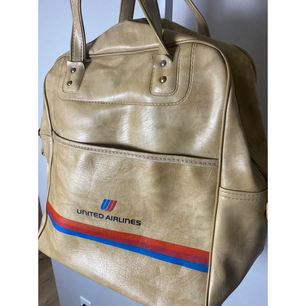 Vintage United Airlines Flight Bag Tan Vinyl Carry On Travel Tote Retro Stripe